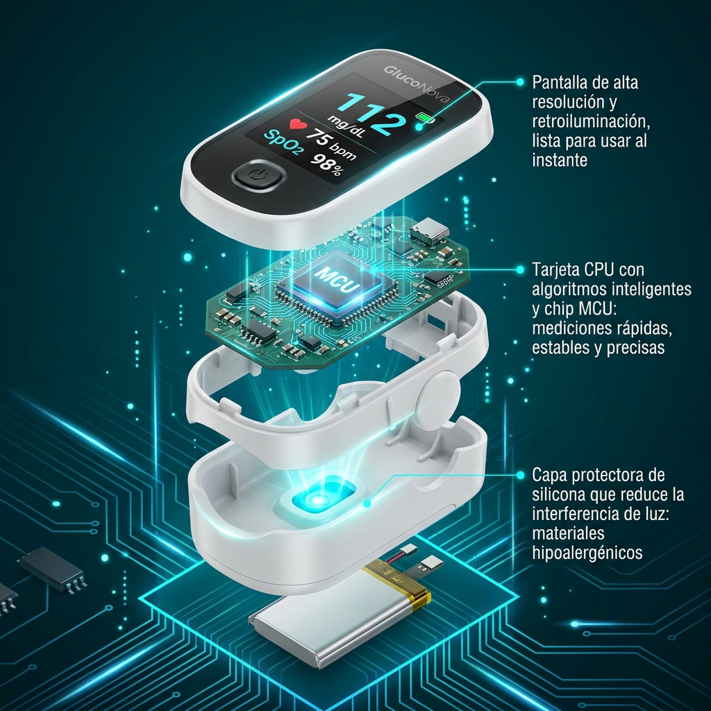 GlucoNova por dentro: pantalla, chip CPU, sensor y batería