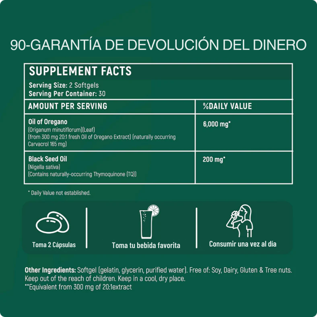 Información nutrimental: 6.000 mg de orégano + 200 mg de semilla negra